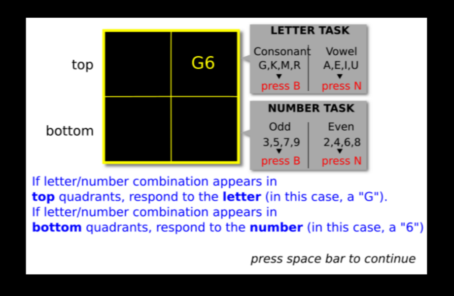 Instructions for the task. The task is bivalent, involving two tasks, where the right response for one is wrong for another.