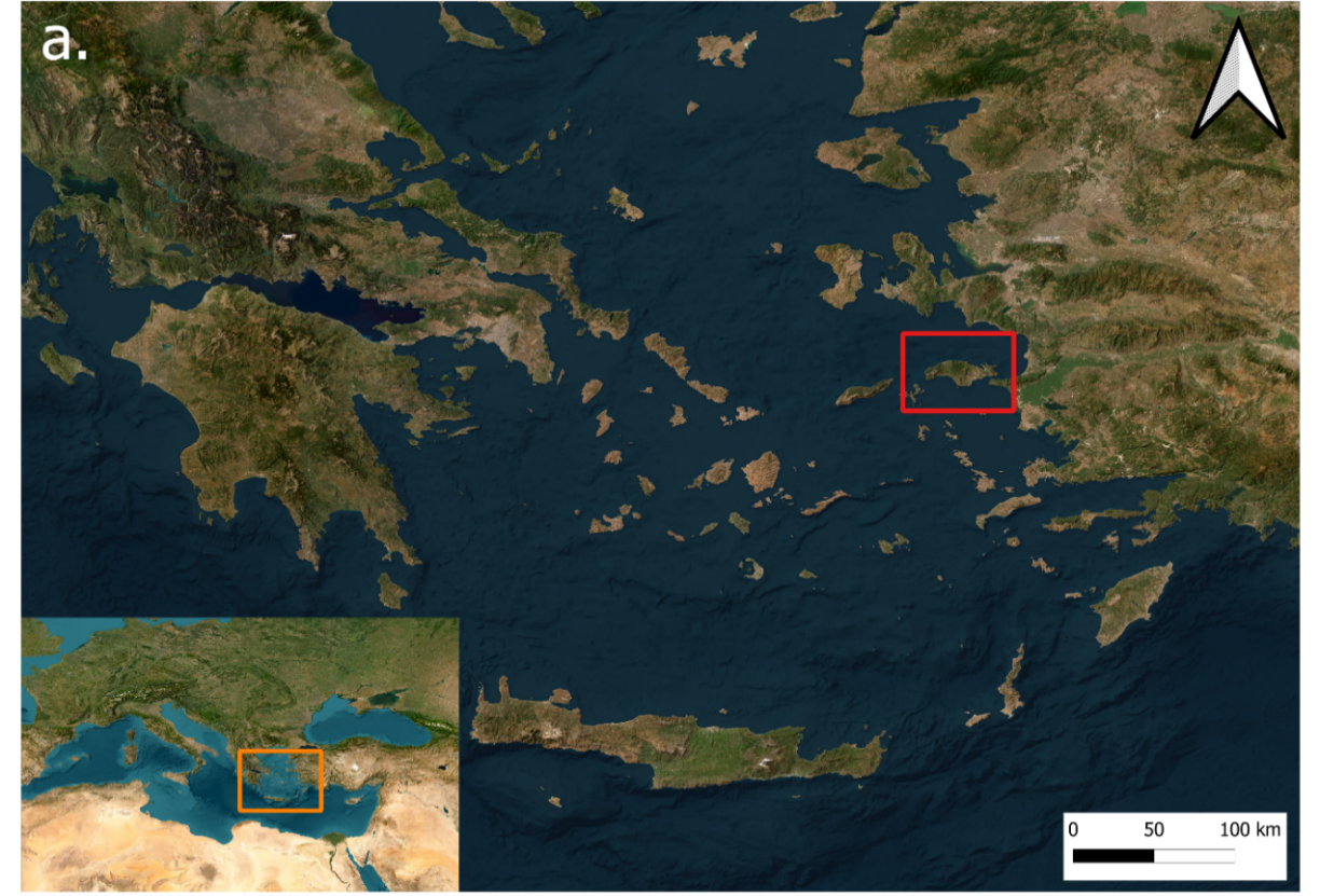 Maps of the study area. A map in the bottom left showing the larger map's placement in Europe. The orange box shows the location of the study area in the Mediterranean Sea. The larger map shows the Aegean Sea and a red box outlines the location of the study area in the Aegean Sea.