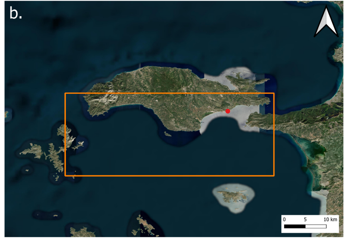 Map of the study area. An orange box outlines the 1,000 km2 study area on the south coast of Samos Island. A red point locates the starting point of each survey, the port Marina of Pythagorio.