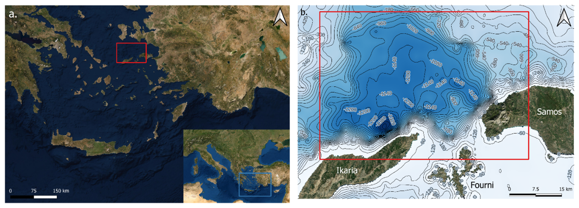 Map 2a. A satellite map of the Aegean Sea with an area marked by a red rectangle outlining the study area in the north-eastern Aegean between the islands of Samos and Ikaria. A satellite map in the bottom-right corner showing where the Aegean Sea is situated within the Mediterranean Sea.
Map 2b. A bathymetric contour map of the Aegean sea between the Greek islands of Ikaria, Fourni, and Samos. A red box outlines the specific study area, focusing on the deeper section of the sea to the north-west of Samos and north of Ikaria and Fourni. Study area depth ranges from 60 metres to 1380 metres, and averages at 1140 metres.