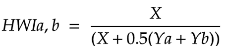 Mathematical formula for half-weight association index subscript a, b equals X over (X plus 0.5(Ya plus Yb)).