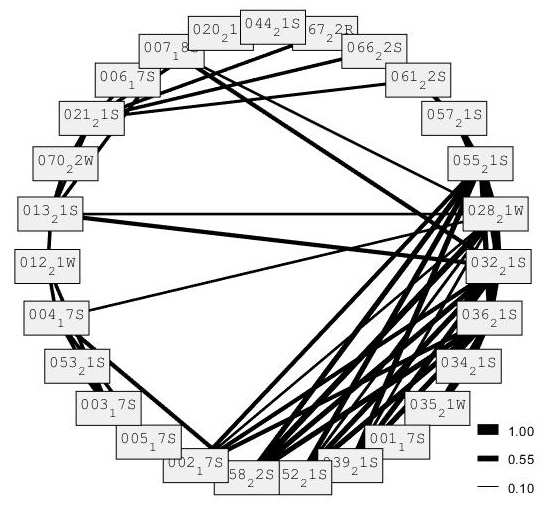 Circular analysis graph with black lines of varying thickness representing different connection weights between nodes (individuals). The thickness of the line connecting individuals determines how strong the association between them is (the half weight index). The thickest having a value of 1 and the thinnest of 0.1. The closer to 1 the value is, the higher the half weight index and the stronger the association between individuals. Individual 044 has a half weight index value of 0, it is not connected to any other individuals.