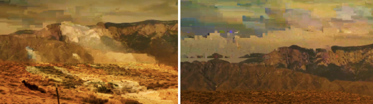 Two images of glitched landscapes in the Southwest Rockies region. The images are golden brown, with the landscapes simply comprised of grassland, mountains, and a pixelated sky.