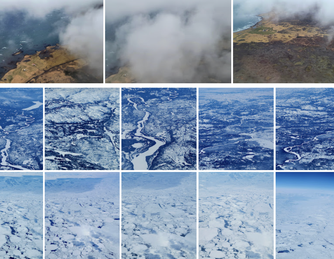 A series of 13 aerial images, looking down on either grass and woodland or rivers, with some being taken from so high up only cloud is visible. The initial land images are brown and green, with the subsequent river and cloud images being comprised of only blue and white.