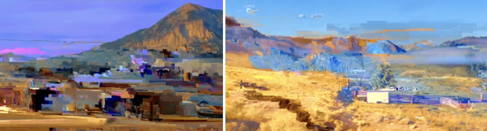 Two glitchy images that appear to be from a larger landscape that has been cut in half vertically, meaning these images connect together despite the different editing effects placed on them. The images are at the base of mountains in the Southwest Rockies region, with buildings and a fenced field blurrily visible. The primary colours of these images are yellow, blue and purple.
